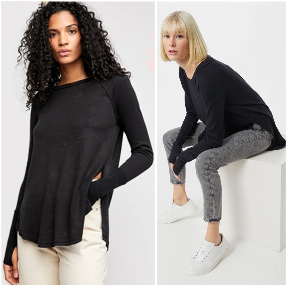 FREE PEOPLE We The Free Black Long Sleeve Casual Oversized Snowy Thermal Tee XS